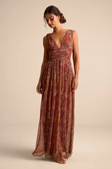 Evaluna Rust Abstract Print Lurex Pleated Maxi Dress