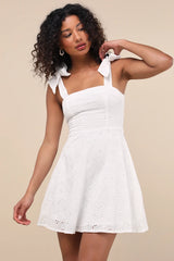 Sneak a Kiss White Floral Embroidered Tie-Strap Mini Dress