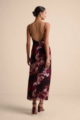 Flowery Passion Burgundy Floral Print Cowl Neck Midi Dress
