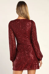 Festive Mood Wine Red Sequin Long Sleeve Mini Dress