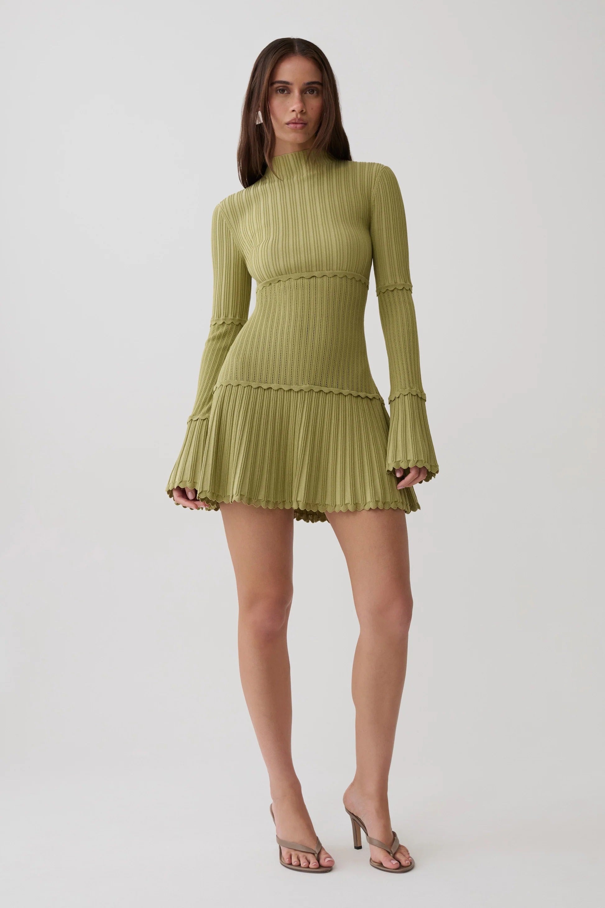 Pointelle Knit Mini Dress - Olive