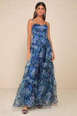 Exclusive Glamour Blue Floral Organza Tiered Maxi Dress