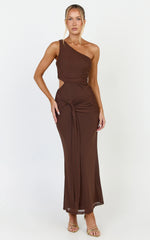 Knot Detail Cut Out Mesh Midi Dress in Chocolate