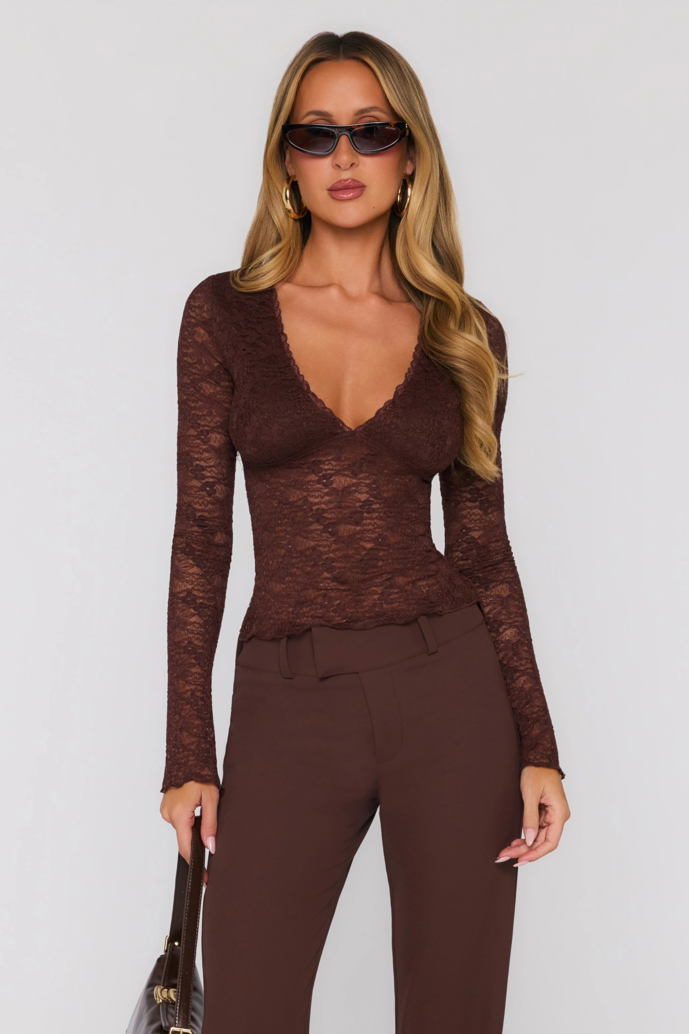 Somewhere Fun Long Sleeve Lace Top Brown