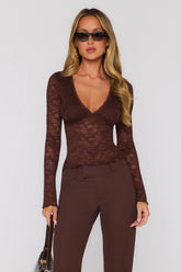 Somewhere Fun Long Sleeve Lace Top Brown