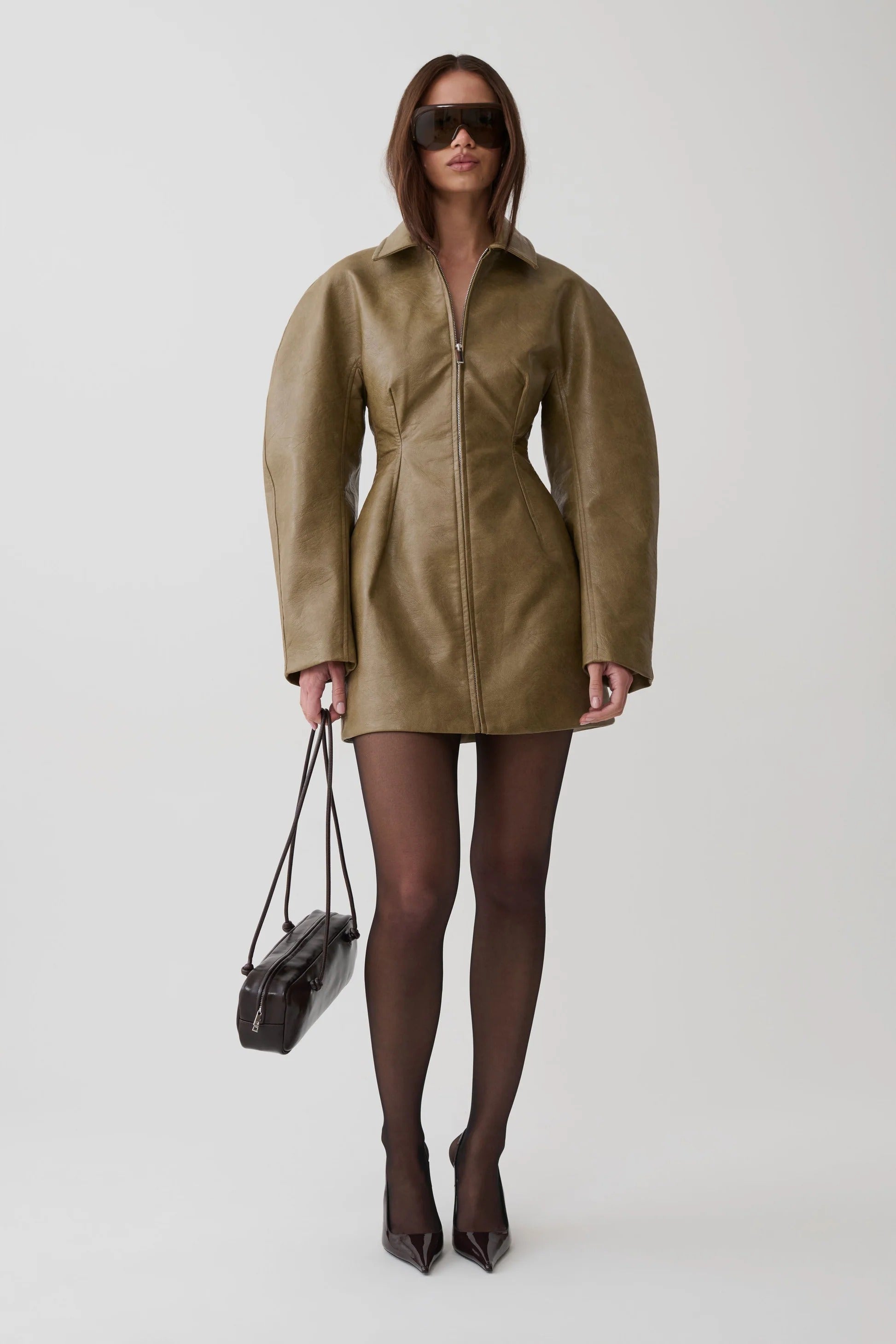 Faux Leather Mini Dress - Khaki