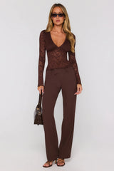 Somewhere Fun Long Sleeve Lace Top Brown
