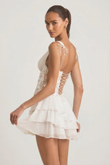 Embellished Ruffled Corset Mini Dress in Ivory