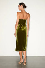Masterfully Flirty Olive Green Velvet Bustier Midi Dress