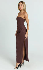 Strapless Draped Side Split Dress in Chocolate
