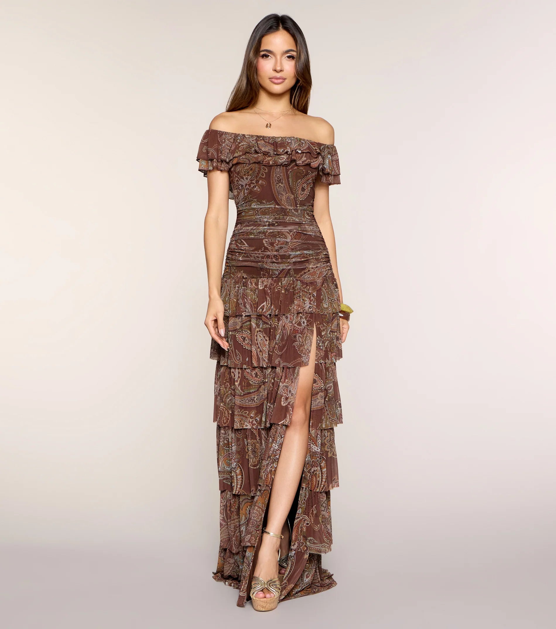 Lila Floral Print Off-The-Shoulder A-Line Dress