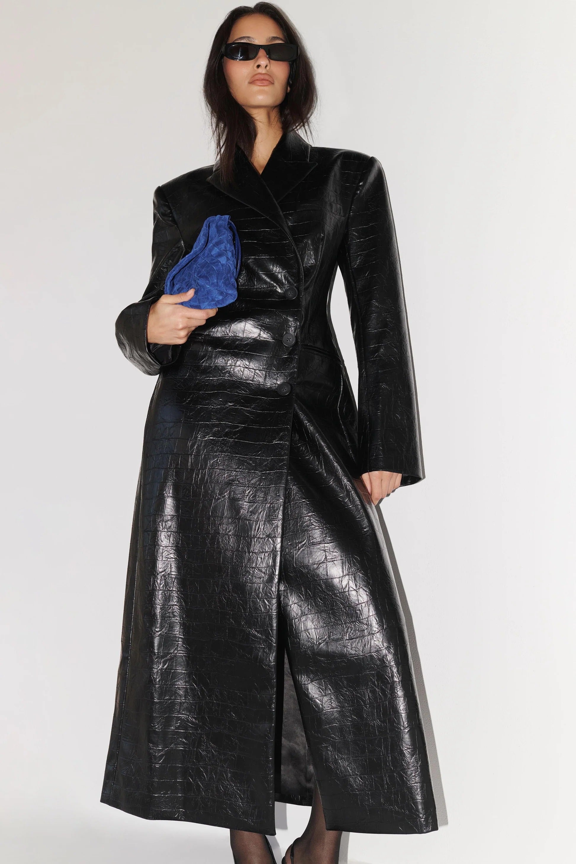 Croc Faux Leather Coat - Black