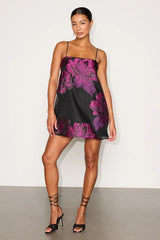 Yavanna Black and Fuchsia Floral Jacquard Shift Mini Dress