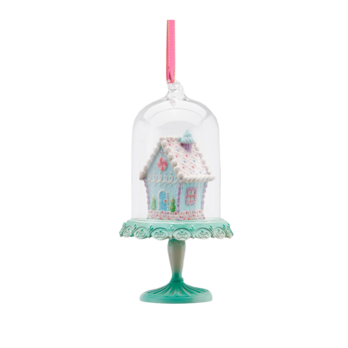 Iced Mint Gingerbread House Cloche Ornament 15cm