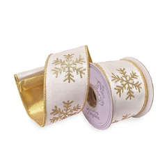 White Velvet Golden Snowflake Ribbon 2.5 x 5yd