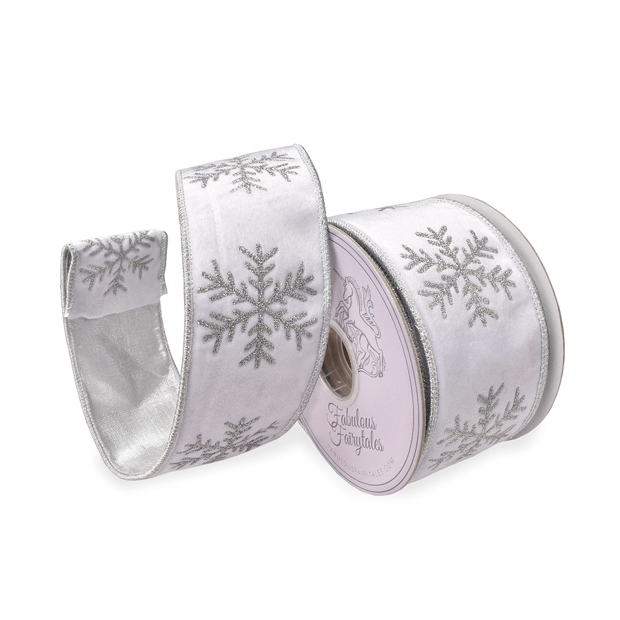 White Velvet Silver Snowflake Ribbon 2.5 x 5yd