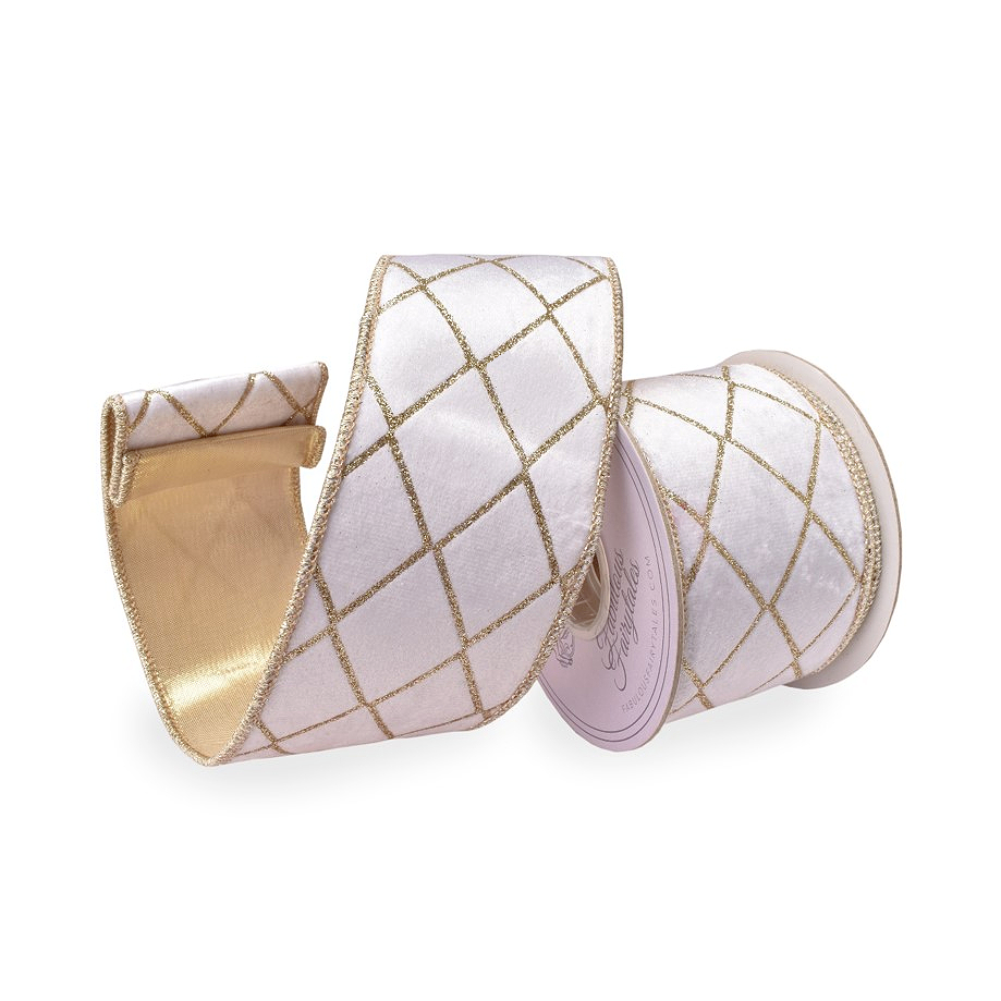 White Velvet Diamond Trellis Ribbon 2.5 x 5yd
