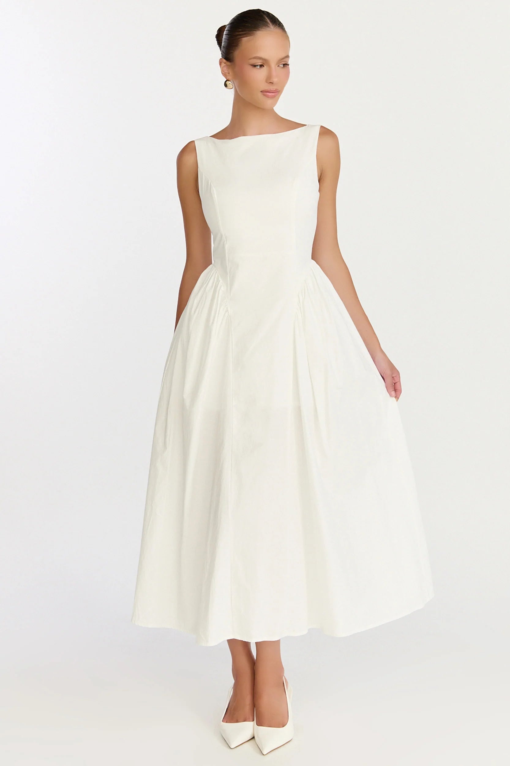 Boat Neck Tie Back Fit And Flare Dress in Off White