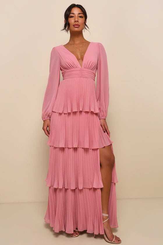 Graceful Finesse Dusty Rose Pleated Long Sleeve Maxi Dress