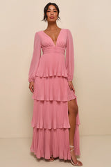 Graceful Finesse Dusty Rose Pleated Long Sleeve Maxi Dress