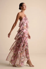 Melody Pink Floral Tiered Halter Maxi Dress