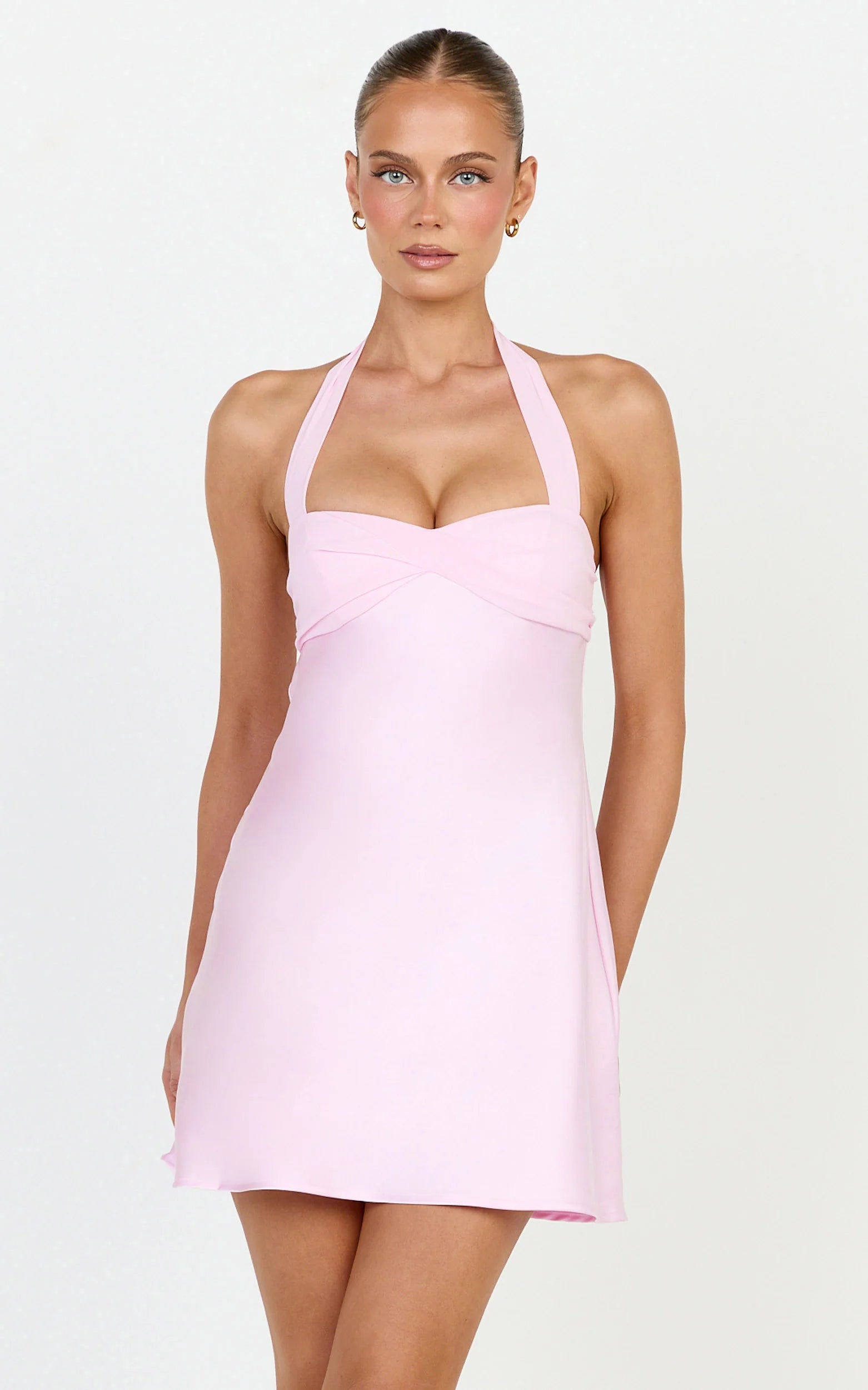Satin Halter Sweetheart Neck Dress in Pink