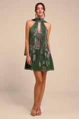 Calixta Green Abstract Print Sash Mini Dress