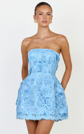 Strapless Lace Up Back A Line Dress in Blue