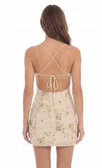 Champagne Floral Sequin Mini Dress