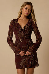 Cal Brown Floral Mini Wrap Dress