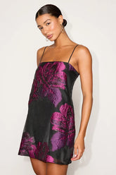 Yavanna Black and Fuchsia Floral Jacquard Shift Mini Dress