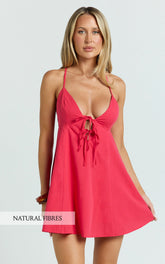 V Neck Bow Front Baby Doll Mini Dress in Red