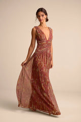 Evaluna Rust Abstract Print Lurex Pleated Maxi Dress