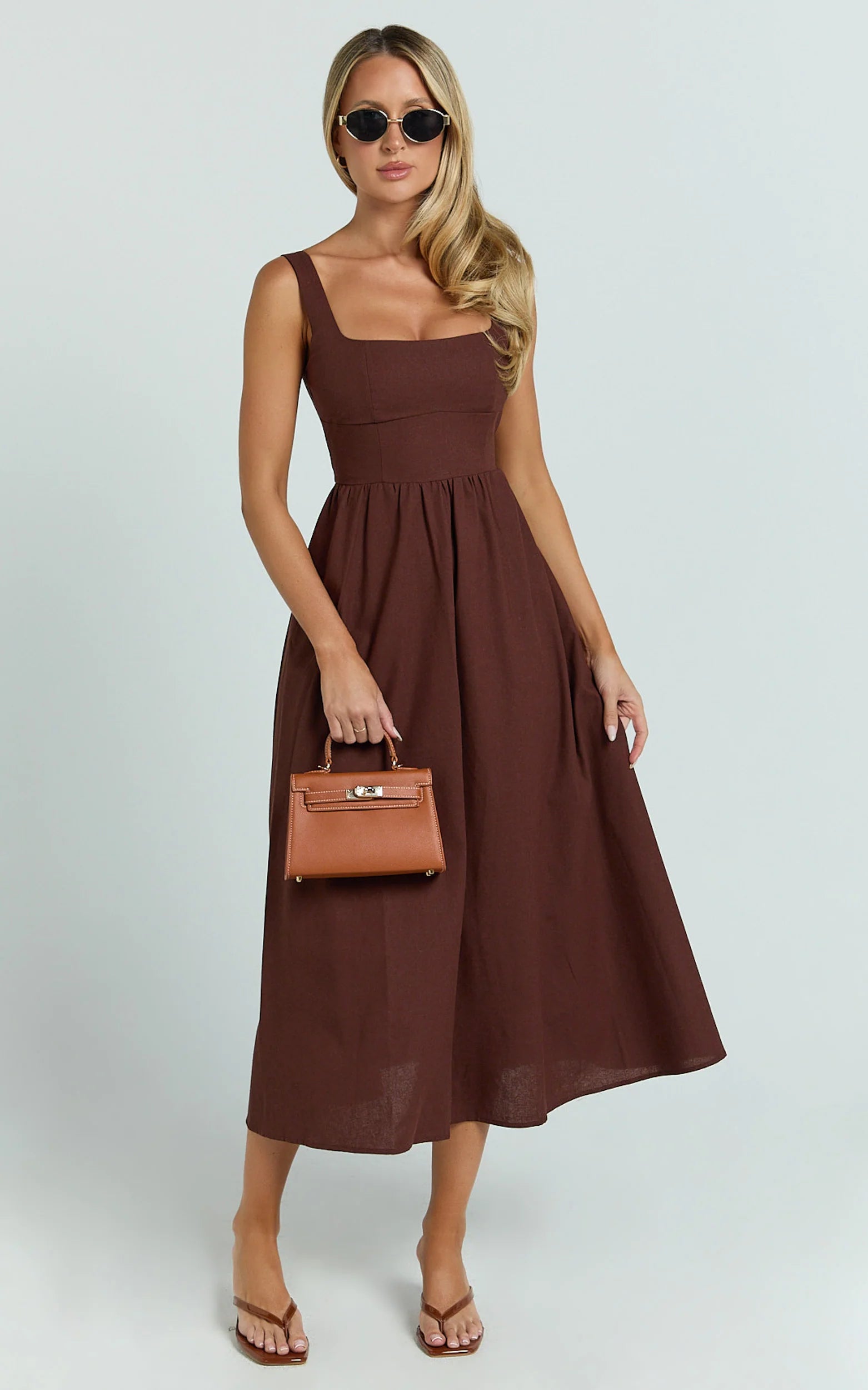 Linen Look Square A Line Dress in Chocolate