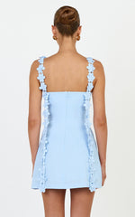 Clementine Mini Dress - 3D Floral Strap Dress in Blue