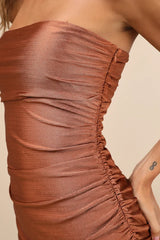 Gorgeous Reputation Copper Brown Strapless Ruched Midi Dress