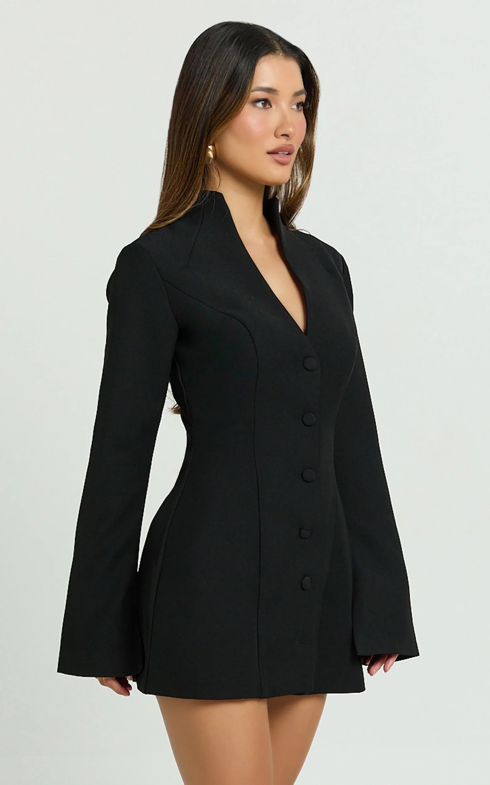 V Neck Long Sleeve Button Front Tulip Skirt Dress in Black