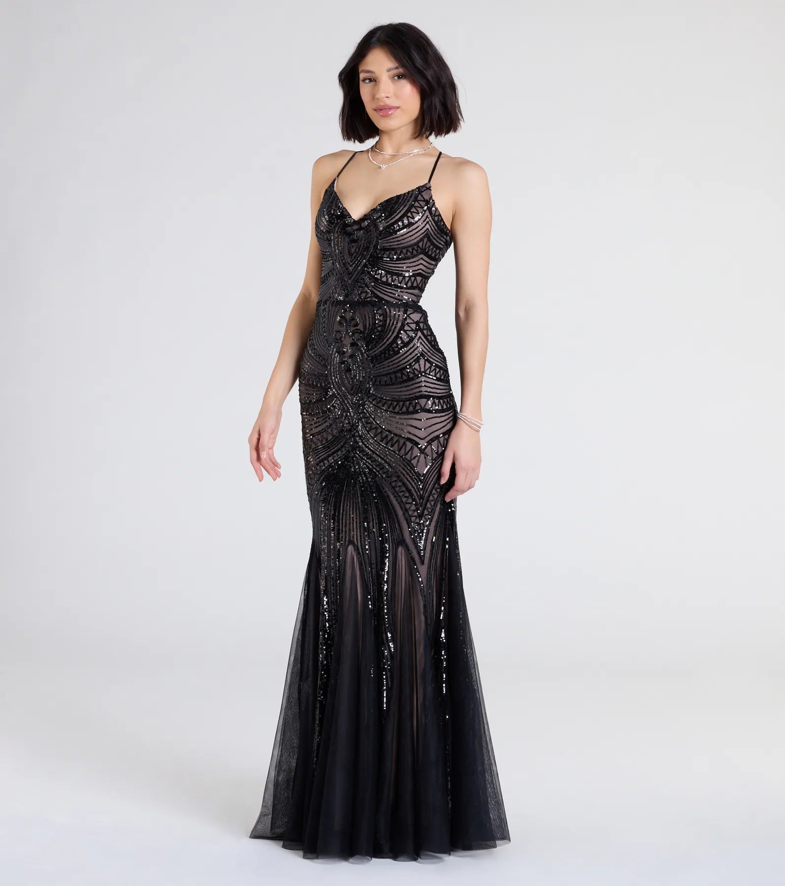 Brooke Lace-Up Mermaid Sequin Mesh Formal Dress