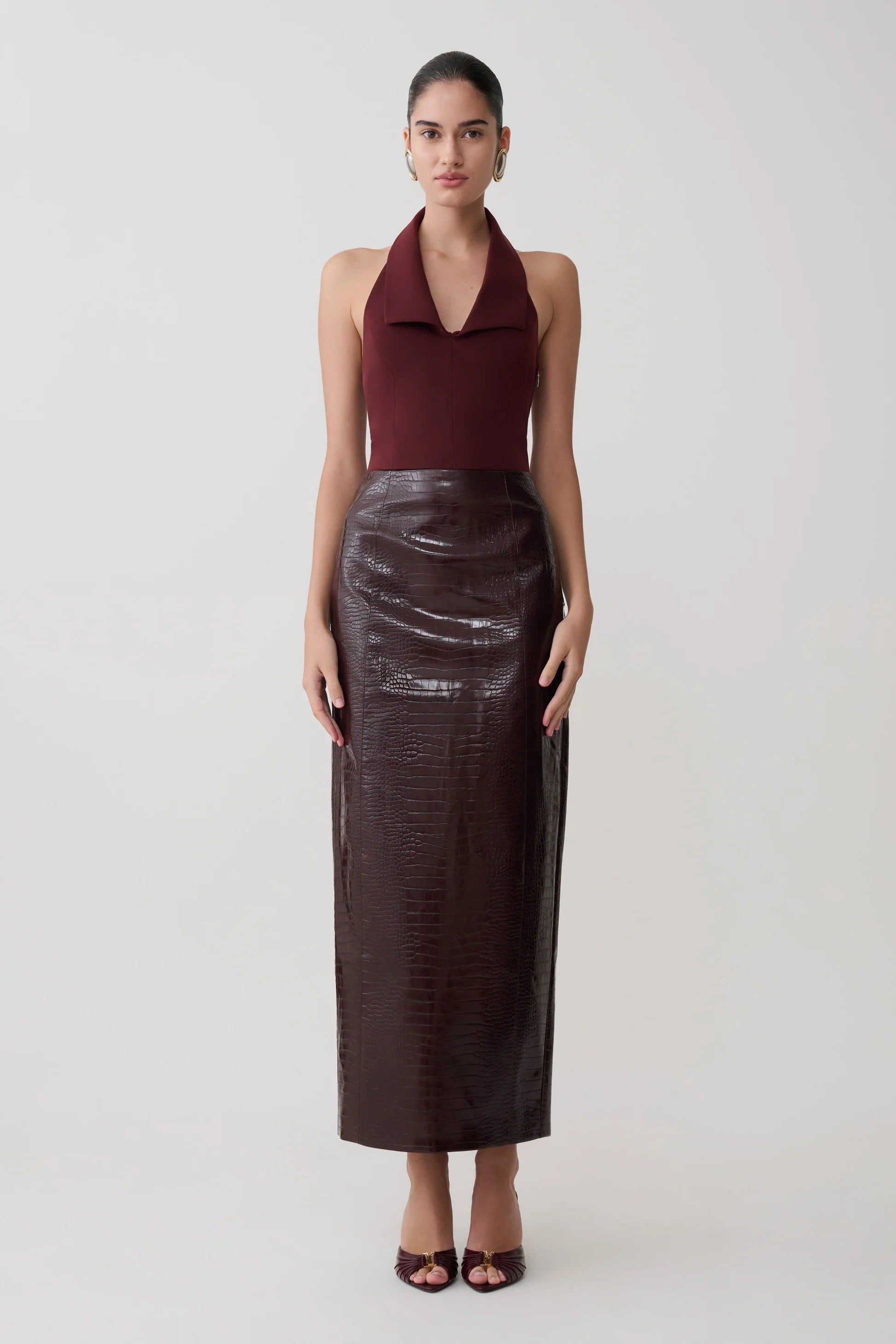 Croc Faux Leather Midi Skirt - Merlot