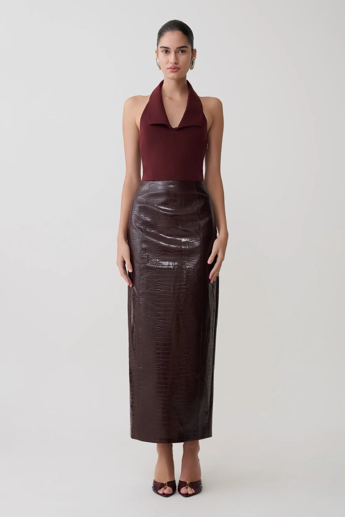 Croc Faux Leather Midi Skirt - Merlot