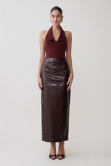 Croc Faux Leather Midi Skirt - Merlot