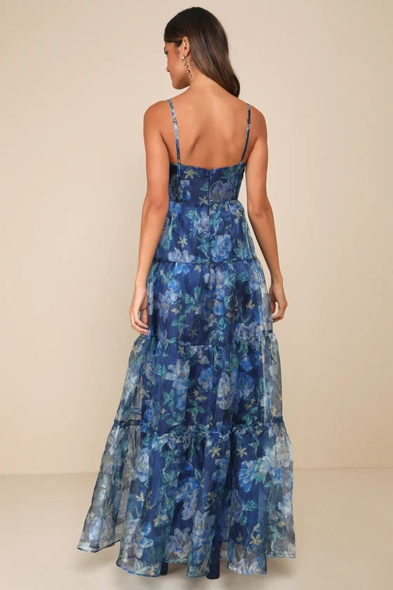 Exclusive Glamour Blue Floral Organza Tiered Maxi Dress