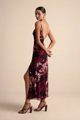 Flowery Passion Burgundy Floral Print Cowl Neck Midi Dress