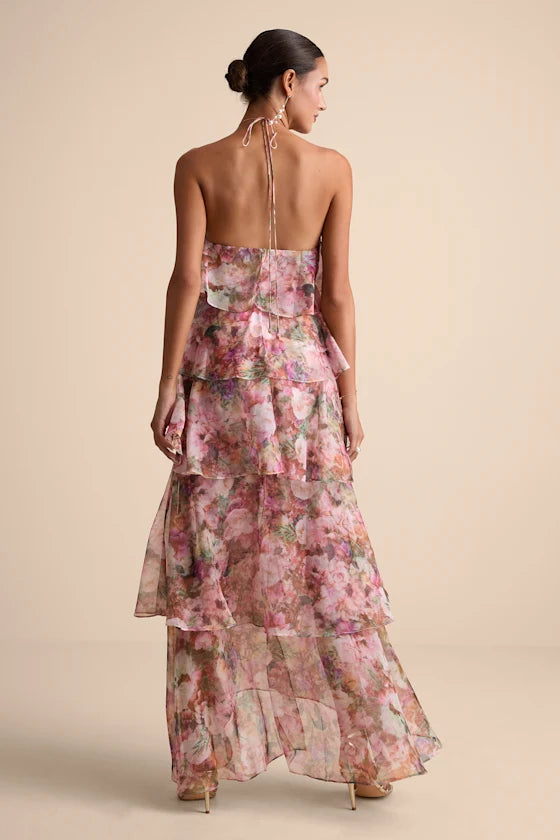 Melody Pink Floral Tiered Halter Maxi Dress