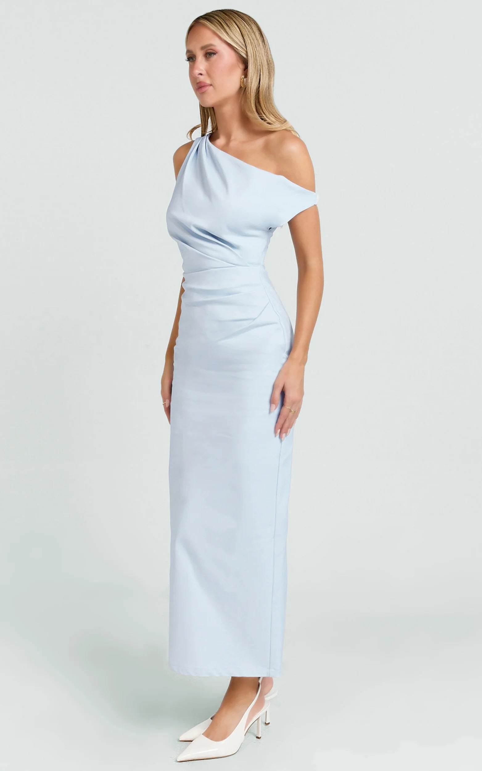 Tip Shoulder Draped Fitted Dress in Blue