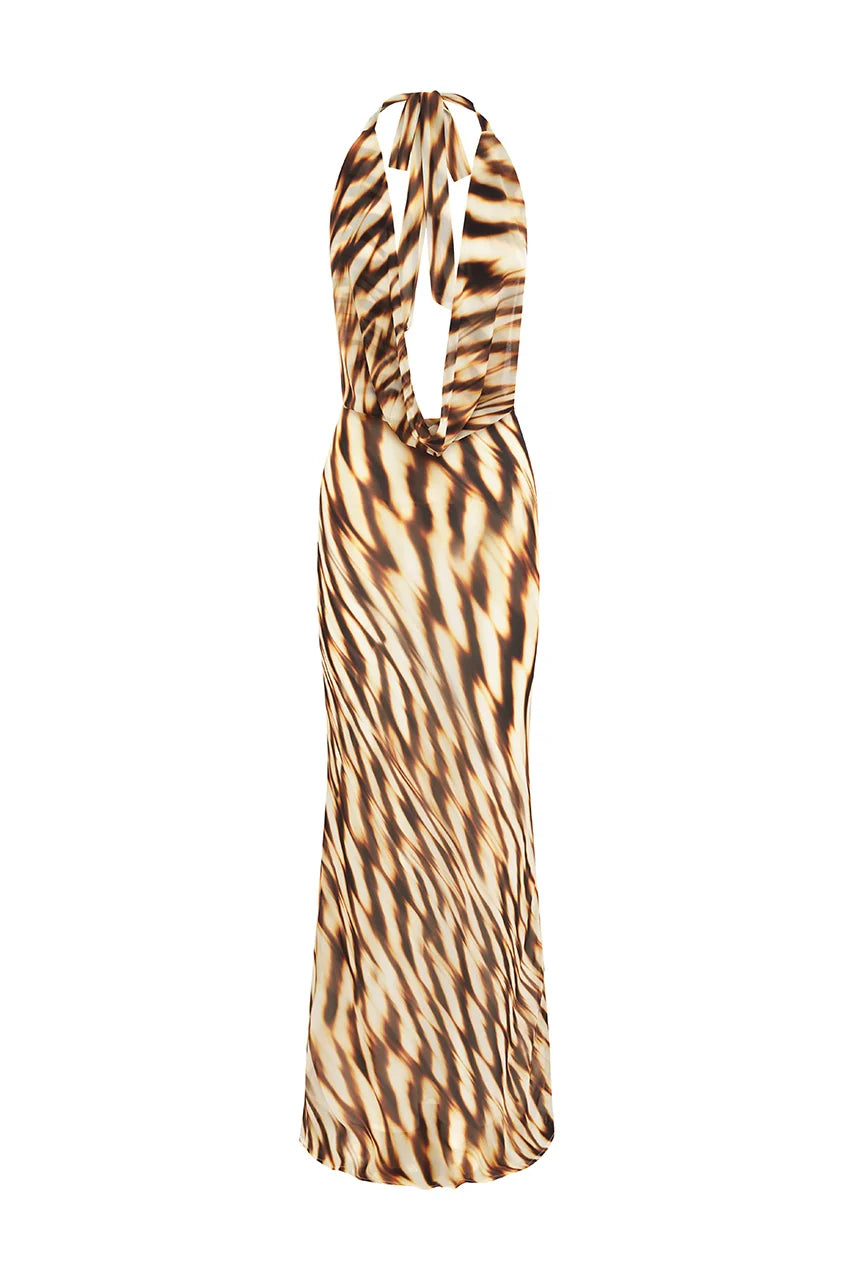 LEXIE LOW PLUNGE HALTER MAXI DRESS - ARIZONA CHOC
