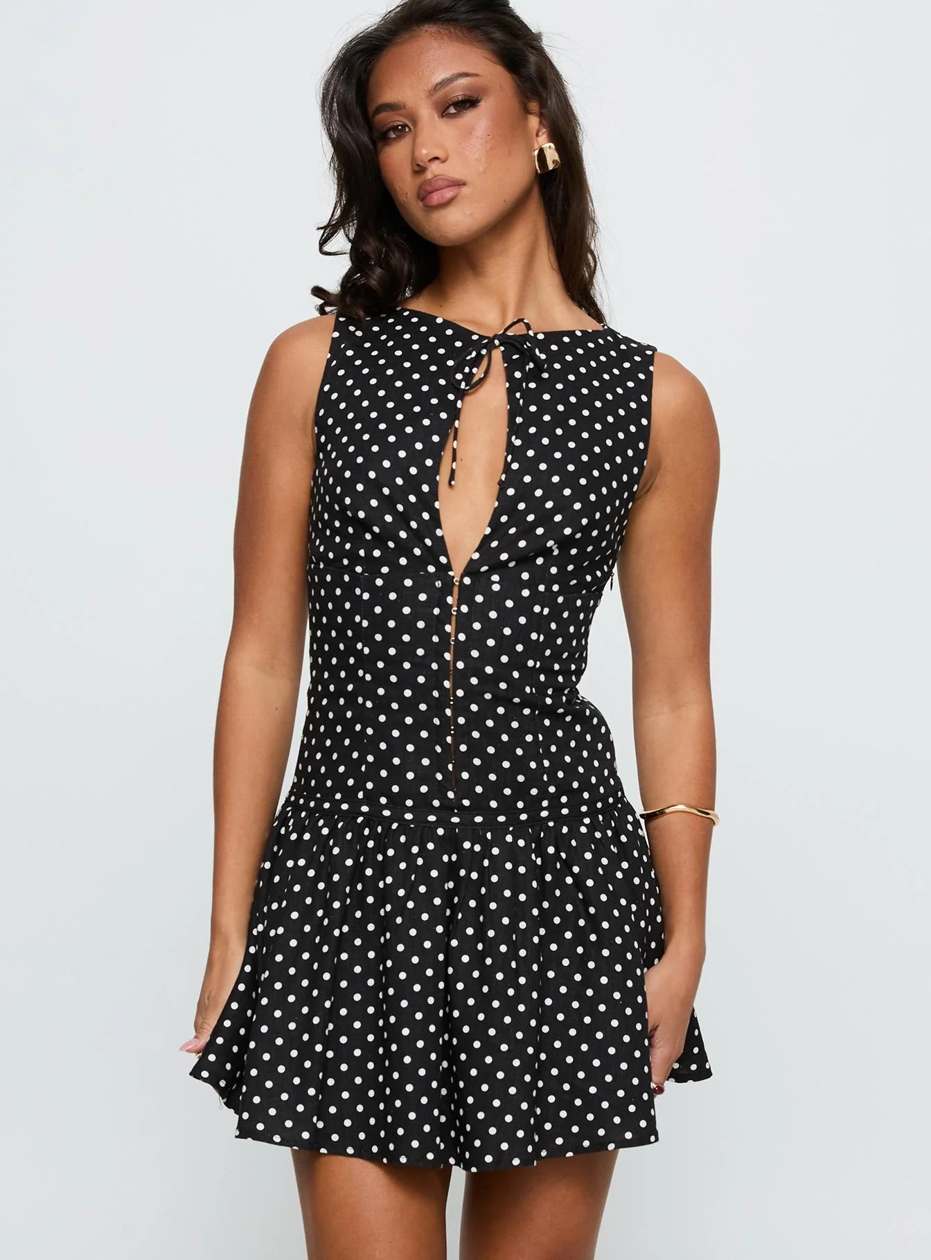 Alissea Keyhole Linen Blend Mini Dress Black Polka