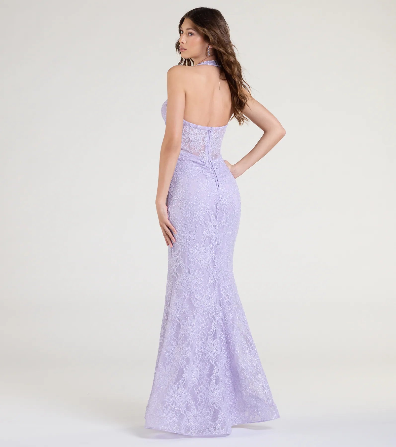 Cadie Halter Corset Slit Lace Formal Dress