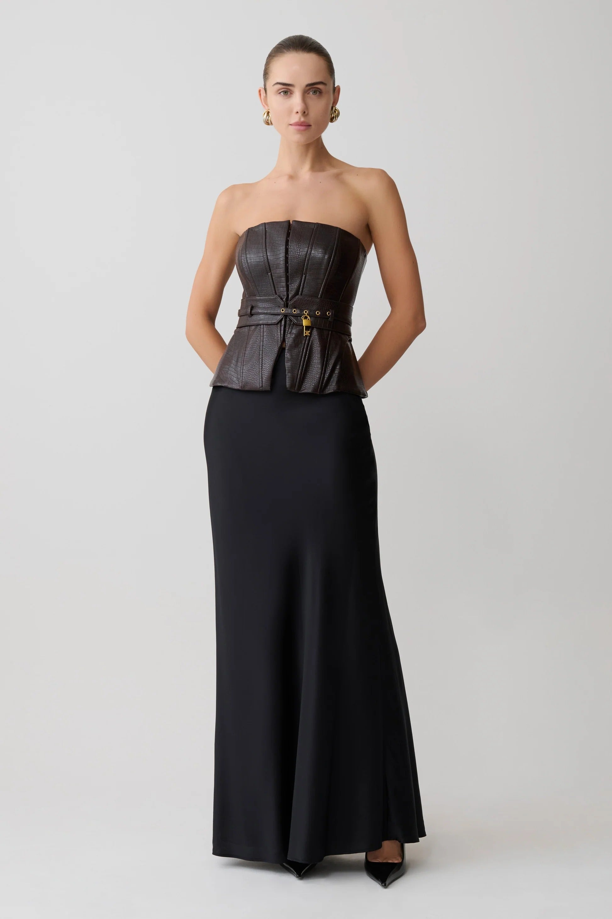Faux Leather Boned Corset - Dark Chocolate