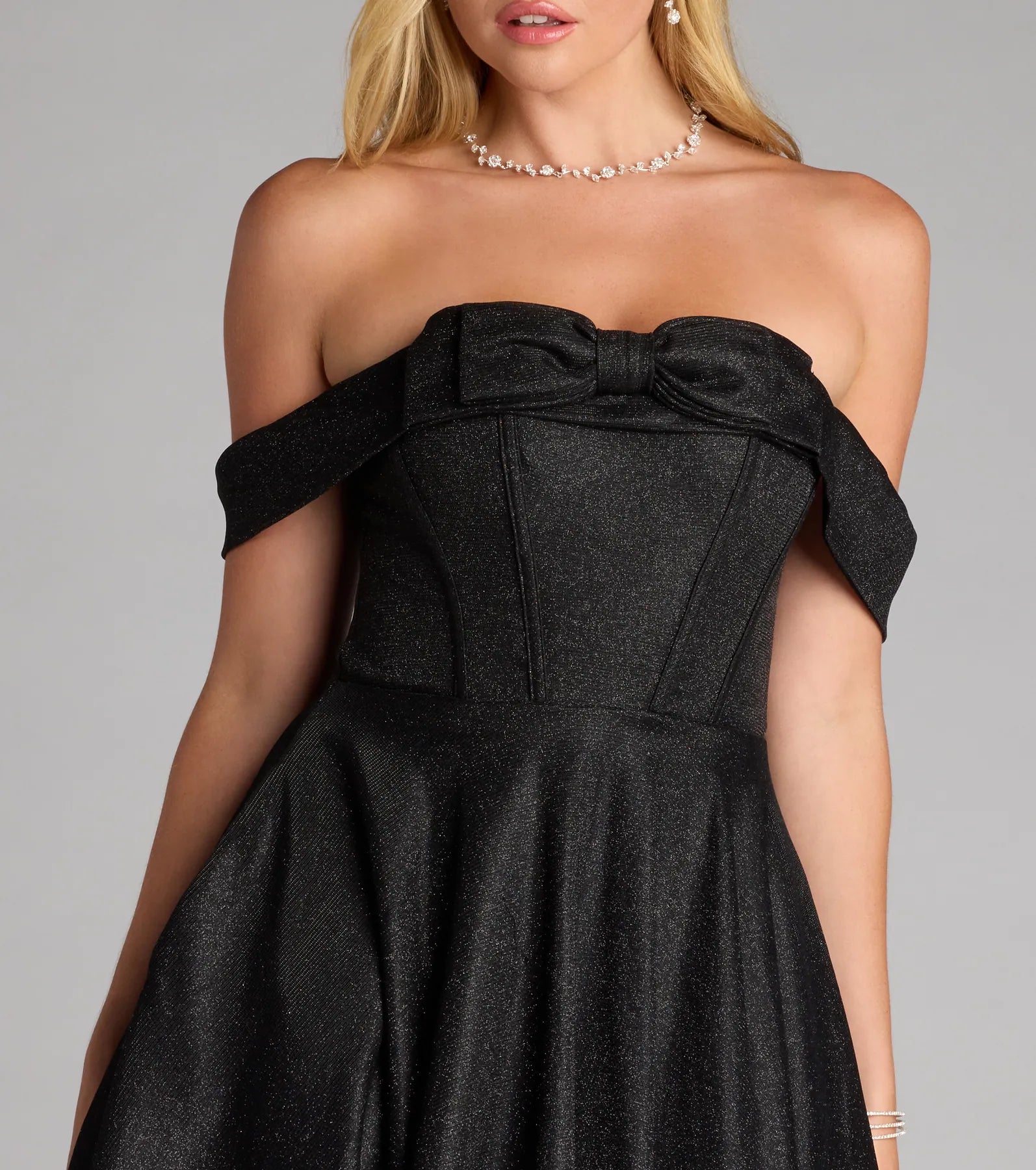 Maria Glitter Bow Off-The-Shoulder Skater Dress